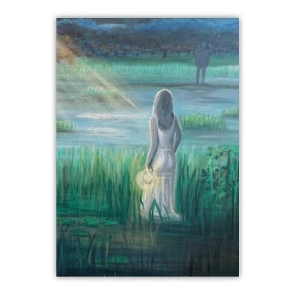 Kunstkort 15*21 cm print af udsnit med pige af maleriet Girl with light in shallow water 